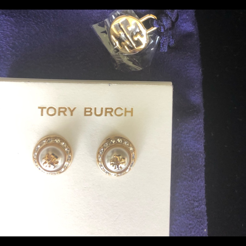 Tory Burch white pearl with gold logo earrings
